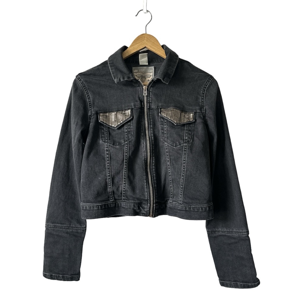 Levi's Washed Black Denim Jean Jacket Size M Cropped Sequins